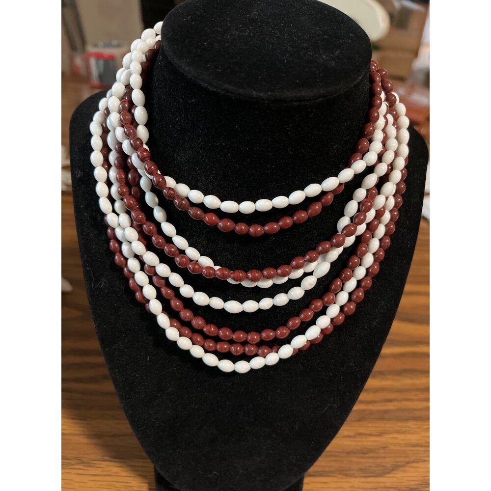 Burgundy and white two strand beaded necklace vintage